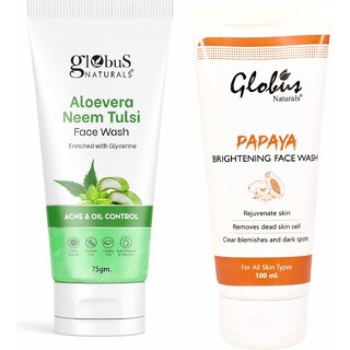                       GLOBUS NATURALS Skin Brightening   Remove Acne , Oil Aleovera  Papaya Combo Face Wash 175g                                              