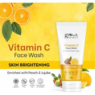 Globus Naturals Anti-Ageing Skin Brightening Vitamin C Face Wash, Enriched with Peach & Jujube, Skin Illuminating & Tan Removal Formula, For All Skin Types, Both Men & Women (75 g) Globus Naturals Anti-Ageing Skin Brightening Vitamin C Face Wash, Enriched with Peach & Jujube, Skin Illuminating & Tan Removal Formula, For All Skin Types, Both Men & Women (75 g)