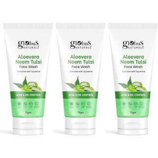 Globus Naturals Aloe vera Neem Tulsi Enriched With Glycerin & Oil Control Formula Men & Women All Skin Types Face Wash 75gm, Set of 3 Globus Naturals Aloe vera Neem Tulsi Enriched With Glycerin & Oil Control Formula Men & Women All Skin Types Face Wash 75gm, Set of 3