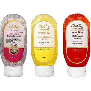 GLOBUS Remedies Oily Skin Face Wash Combo Pack Glycolic Acid Vitamin C AHA BHA 100ml, Set of 3 GLOBUS Remedies Oily Skin Face Wash Combo Pack Glycolic Acid Vitamin C AHA BHA 100ml, Set of 3