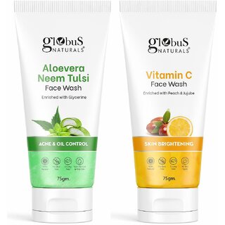                       GLOBUS NATURALS Skin Brightening Vitamin C  Aloe vera Neem Tulsi Anti Acne Face wash Combo Pack 150gm                                              