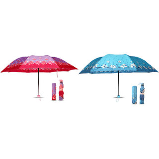 Windproof Travel 3 Folding Combo Umbrella  Umbrella Classic Folding For Man, Women, Kids  Pack Of 2 ( Pink, Sky-Blue )