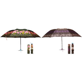                       Combo Umbrella for Women-3 Fold  UV Coated Flower Printed Design Umbrellas  Pack Of 2 ( Green, Purple )                                              