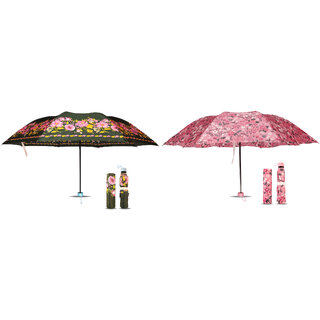                       Aseenaa Windproof Travel Compact Combo Umbrella  8-Ribs Anti-UV Waterproof Folding Umbrella  Set Of 2 ( Green, Pink )                                              