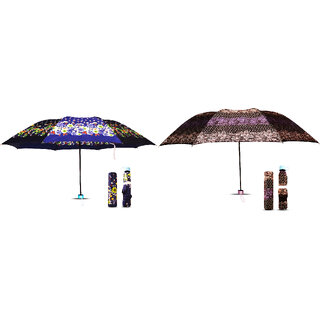                       Fancy Modern Women Umbrellas  3-Fold Designer Umbrella With Flower Print  Pack Of 2 Umbrella ( Blue, Purple )                                              
