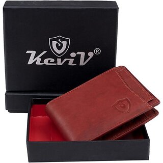                       Keviv Men Casual Red Genuine Leather Wallet - Mini (10 Card Slots)                                              