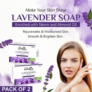 Globus Naturals Lavender Soap Bar for Skin Lightening & Exfoliation, Enriched With Neem & Almond Oil, For All Skin Types 100 gm, Set of 2 Globus Naturals Lavender Soap Bar for Skin Lightening & Exfoliation, Enriched With Neem & Almond Oil, For All Skin Types 100 gm, Set of 2