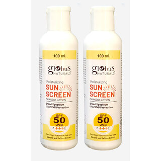 Globus Naturals Sunscreen Lotion, Daily Sun Protect for Face  Body, SPF 50+++ Broad Spectrum UVA  UVB Protection (Pack of 2)