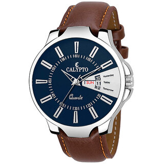 CALYPTO Dashing Date  Day Display Blue Color Dial  Brown Color Strap Wrist Watch Analog Watch - For Men