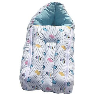 Aurapuro Cotton Baby Quilt/Sleeping Cum Carry Bag (Blue On White Baby Beding Baby Bedding  (Fabric, White  &  Blue)
