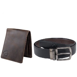                       Combo of Keviv Men Black, Brown Artificial Leather Reversible Belt and Brown Genuine Leather Wallet - Mini (5 Card Slots                                              