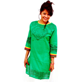                       The Mini Needle Green Cotton Geometric Stitched Kurti For Women                                              