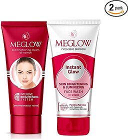 Meglow Women Fairness Combo Pack of 2- Fairness Cream (50g) with Aloevera Extract  Vitamin E Instant Glow Facewash 70g