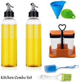 1 Liter Plastic Oil Dispenser Bottle 2 Pcs with Silicon Funnel, Oil Brush and Spatula  2 Pieces Spice Rack (Multicolor)