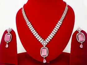 Designer American Diamond Pink Color Necklace with Matching Earrings
