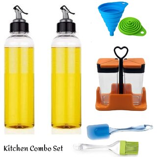                       1 Liter Plastic Oil Dispenser Bottle 2 Pcs with Silicon Funnel, Oil Brush and Spatula  2 Pieces Spice Rack (Multicolor)                                              
