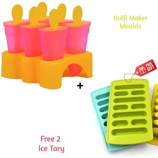                       Plastic Kulfi Maker Moulds 6pcs Set for Freezer Use With Pack of 2 Ice Cube Tray (Multicolor)                                              