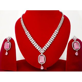 Designer American Diamond Pink Color Necklace with Matching Earrings
