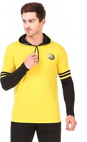 SKYFIT Men Striped Hooded Neck Yellow T-Shirt