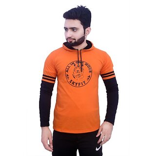 SKYFIT Men Printed Hooded Neck Orange T-Shirt