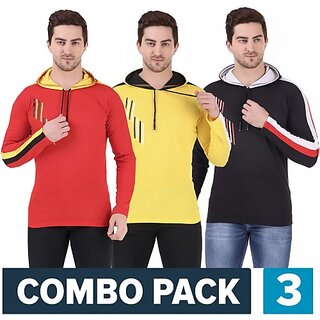                       SKYFIT Pack of 3 Men Solid Hooded Neck Multicolor T-Shirt                                              