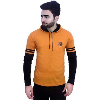                       SKYFIT Men Solid Hooded Neck Yellow T-Shirt                                              
