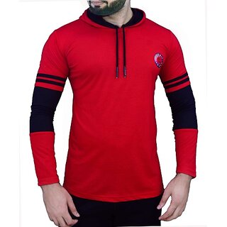                       SKYFIT Men Self Design Hooded Neck Red T-Shirt                                              
