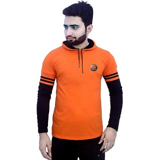                       SKYFIT Men Solid Hooded Neck Black, Orange T-Shirt                                              