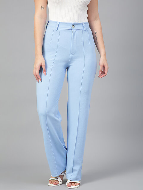 Sky blue cotton linen lurex straight pants with pockets  Fabnest