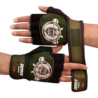                       SKYFIT Excellent Leather Pads Gym Sports workout gloves For men And Women Gym & Fitness Gloves  (Green, Black)                                              