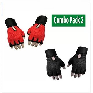                       SKYFIT COMBO 2 NETTED WITH LEATHER GYM GLOVES Gym & Fitness Gloves  (Red, Black)                                              