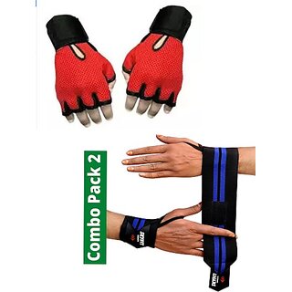                       SKYFIT Combo 2 Gloves And Wrist Support Band Gym Gloves Gym & Fitness Gloves  (Red)                                              