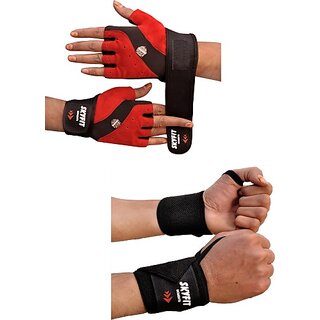                       SKYFIT COMBO PACK 2 Gym Workout Gloves and Wrist Support Band Gym & Fitness Gloves  (Black, Red)                                              