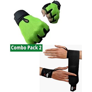                       SKYFIT Combo 2 Gloves And Wrist Support Band Gym Gloves Gym & Fitness Gloves  (Green)                                              