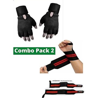                       SKYFIT Combo 2 Gloves And Wrist Support Band Gym Gloves Gym & Fitness Gloves  (Black)                                              