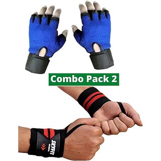                       SKYFIT Combo 2 Gloves And Wrist Support Band Gym Gloves Gym & Fitness Gloves  (Blue)                                              