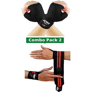                       SKYFIT COMBO 2 RED WRISTBAND BLACK WRAP Gym & Fitness Gloves  (Red, Black)                                              