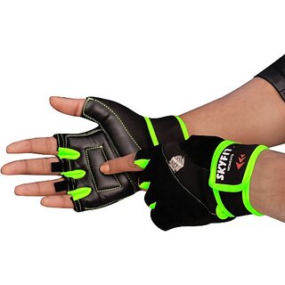                       SKYFIT Super Dryfit Leather Padded Gym Sports Gloves For Men And Women With wrist support Gym & Fitness Gloves  (Black, Parrot Green)                                              