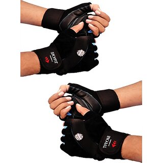                       SKYFIT COMBO PACK 2 Super Lycra Wrist Support Gym Sports Gloves Gym & Fitness Gloves  (Black)                                              