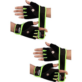                       SKYFIT COMBO PACK 2 Real Choice Leather Padded Gym Sports Gloves Gym & Fitness Gloves  (Black, Green)                                              