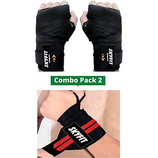                       SKYFIT COMBO 2 BLACK WRAP AND RED WRISTBAND Gym & Fitness Gloves  (Black, Red)                                              