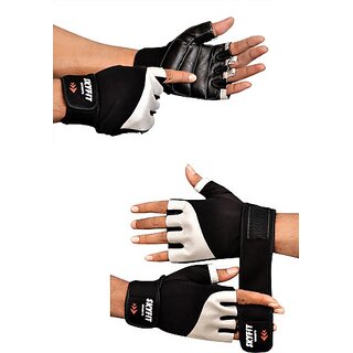                       SKYFIT COMBO 2 Super Leather Padded Comfortable Gym Sports Gloves Gym & Fitness Gloves  (Black, Silver)                                              