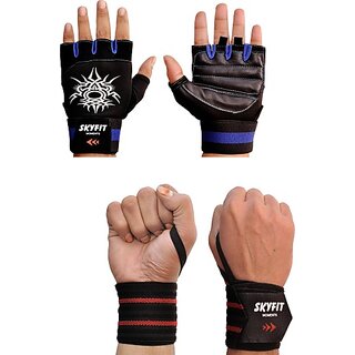                       SKYFIT COMBO PACK 2 Gym Workout Gloves With Wrist Support Band Gym & Fitness Gloves  (Black)                                              