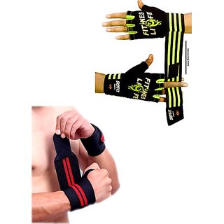                       SKYFIT COMBO 2 GLOVES AND WRIST BANDS Gym & Fitness Gloves  (Black, Green, Red)                                              