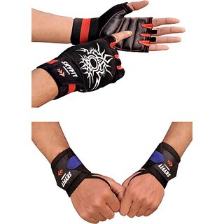                       SKYFIT COMBO PACK 2 Premium Gym Sports Gloves And Wrist Support Band For Men And Women Gym & Fitness Gloves  (Black, Red, Blue)                                              