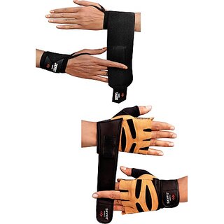                       SKYFIT COMBO PACK 2 Gym Sports Gloves And Wrist Support Band Gym & Fitness Gloves  (Black, Brown)                                              