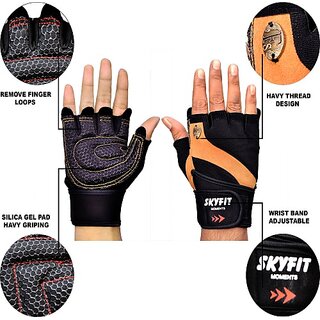                       SKYFIT Sillicon Padds Dryfit Sports Gym Gloves Gym & Fitness Gloves  (Black, Tan)                                              