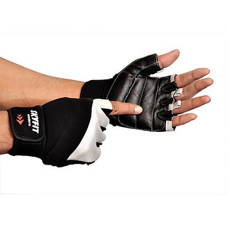                       SKYFIT Leather Padded Half Fingers Riding Workout Gym Gloves Gym & Fitness Gloves  (Black, Silver)                                              