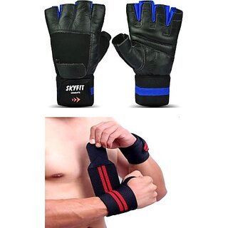                       SKYFIT COMBO 2 Leather Gym Gloves And Support Band Gym & Fitness Gloves  (Multicolor)                                              