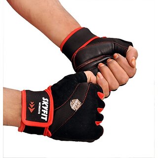                       SKYFIT Leather padded Wrist support Gym Sports Workout gloves For Men and Women Gym & Fitness Gloves  (Red, Black)                                              